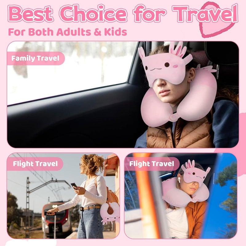 JEROKUMI Kids Travel Pillow, Kid Neck Pillows with Eye Mask Cute Axolotl U Shaped Neck Pillow, Neck Support Travel Pillow for Road Trip, Airplane, Travel Pillow for Kids & Adults - Image 4
